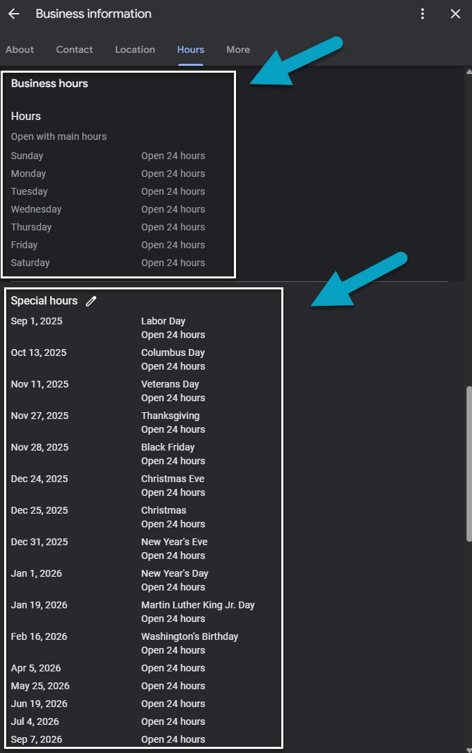 Screenshot of GBP Business Hours so landscapers know how to update hours and special/ holiday hours Screenshot of GBP Business Hours so landscapers know how to update hours and special/ holiday hours