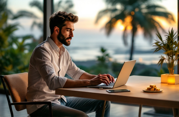 Giovane professionista (25-35 anni) che utilizza smartphone/tablet per investimenti digitali, con elementi oro moderni sullo sfondo, ambiente moderno con luce naturale, colori caldi e rassicuranti