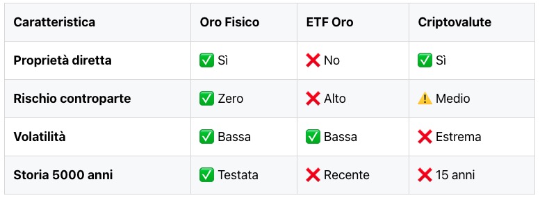 Tabella comparativa ETF, oro fisico, criptovalute