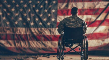Veteran in a wheelchair looking at an American flag.