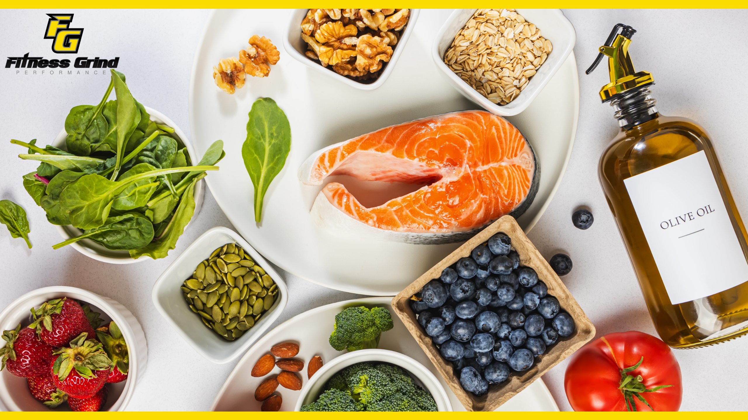 A plate of healthy foods: salmon, nuts, berries, and olive oil. A balanced and nutritious meal. A plate of healthy foods: salmon, nuts, berries, and olive oil. A balanced and nutritious meal.