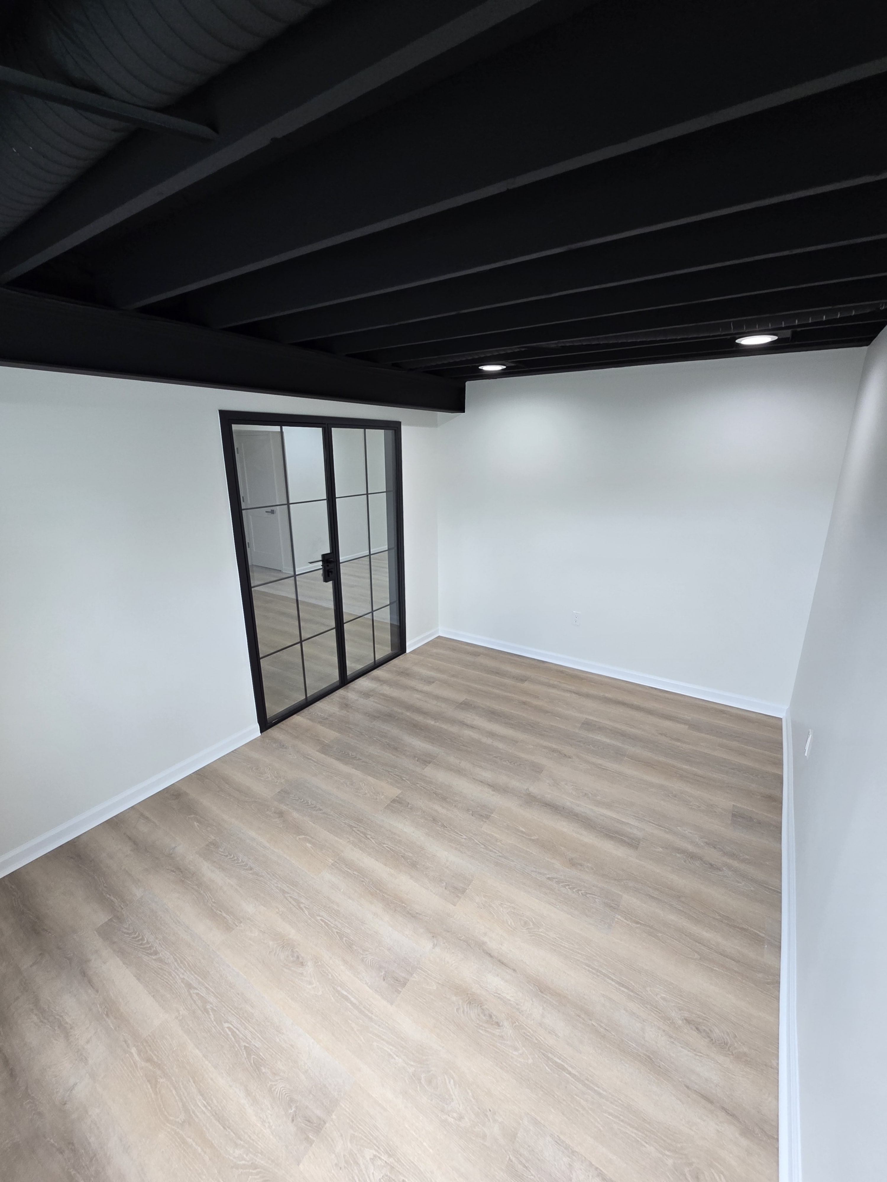 Wide angle of main room: floors, paint, and lighting