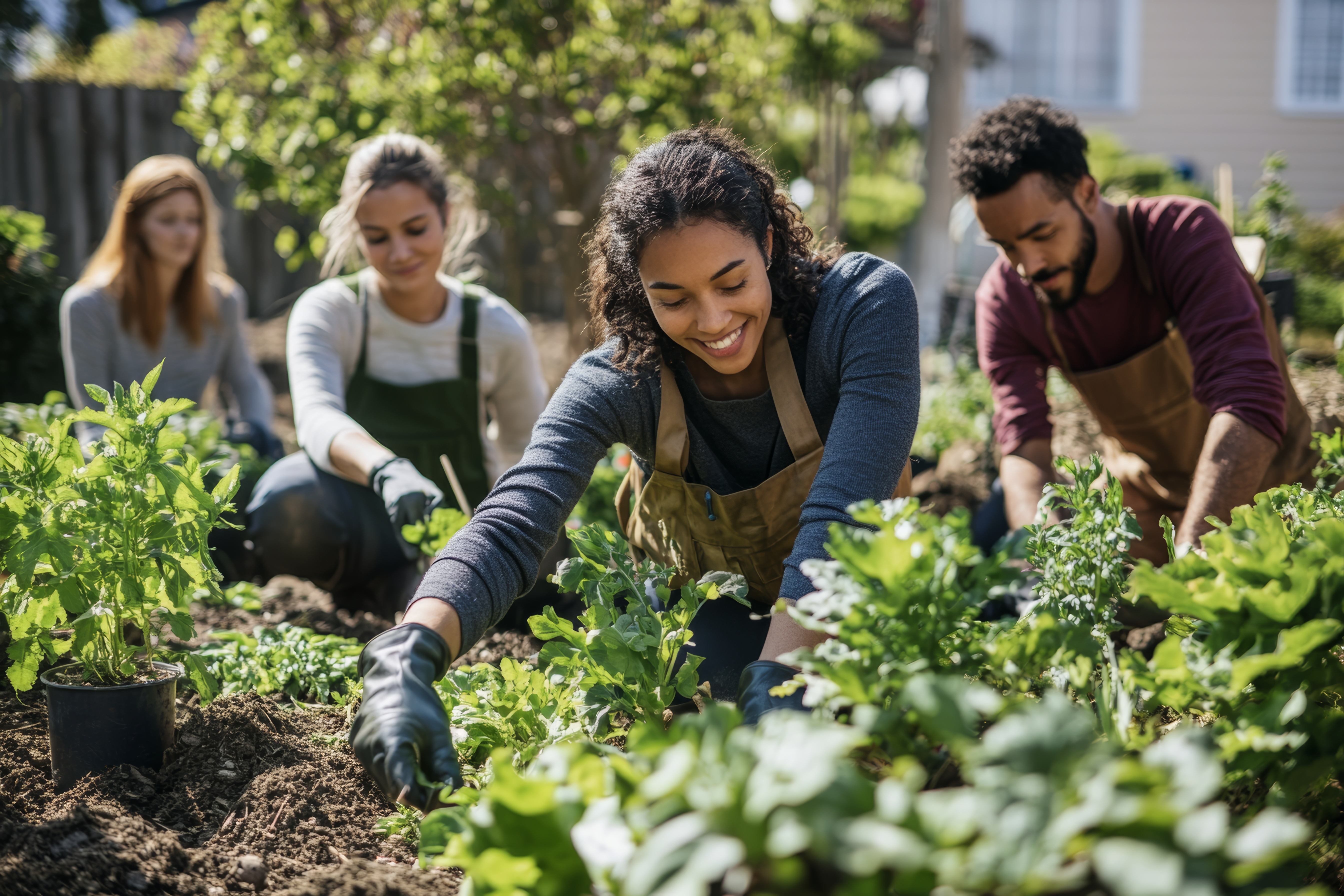 Neighbors working together in a community garden