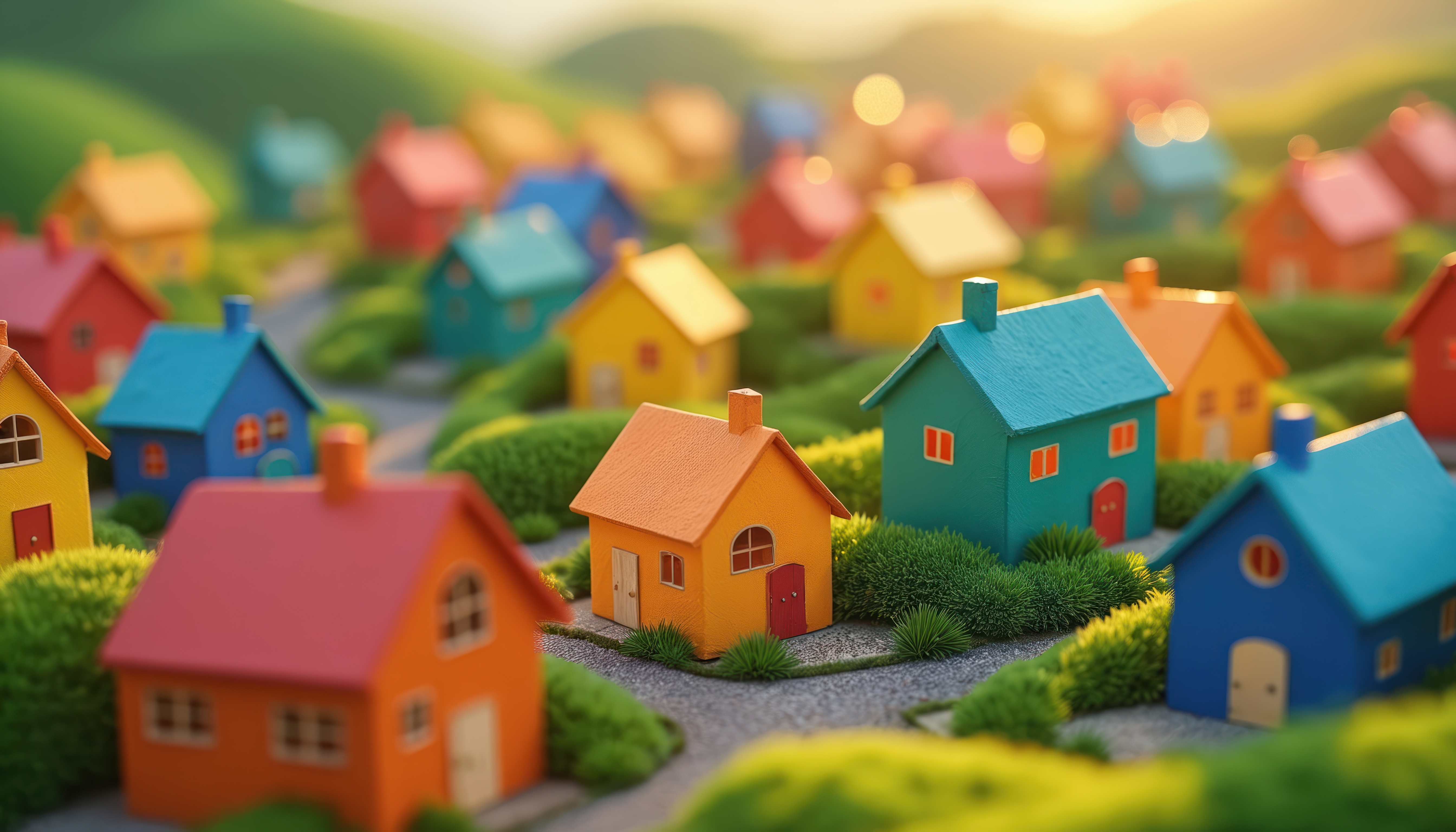 Colorful miniature houses on green hills representing a vibrant neighborhood community