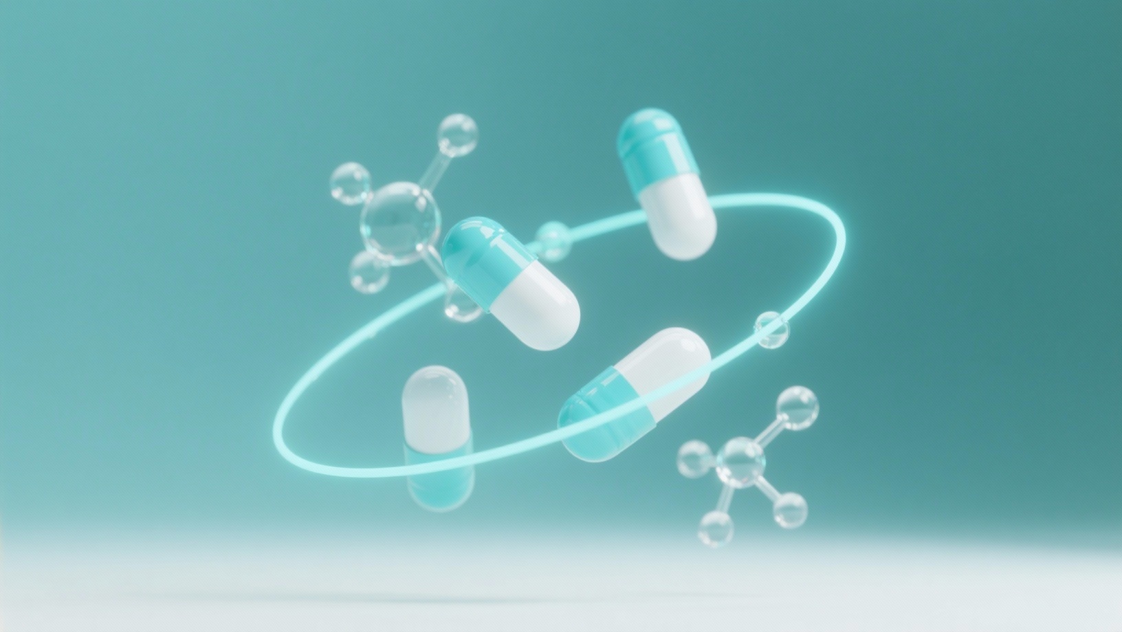 High-end 3D render of molecular structures and capsules glowing on a teal gradient background, symbolizing precision science and GLP-1 medical weight loss at Prime Body Solutions. High-end 3D render of molecular structures and capsules glowing on a teal gradient background, symbolizing precision science and GLP-1 medical weight loss at Prime Body Solutions.