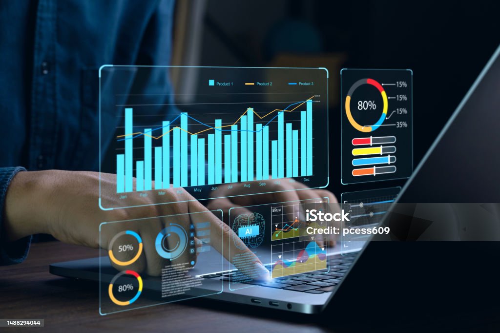 Een futuristische afbeelding die AI-tools laat zien die worden ingezet om online reputatie te analyseren.