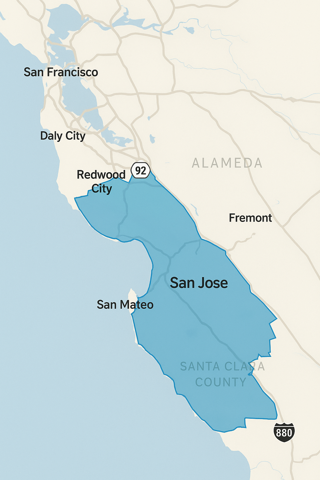 Service area map covering Santa Clara, San Mateo and Alameda Counties south of Hwy 92