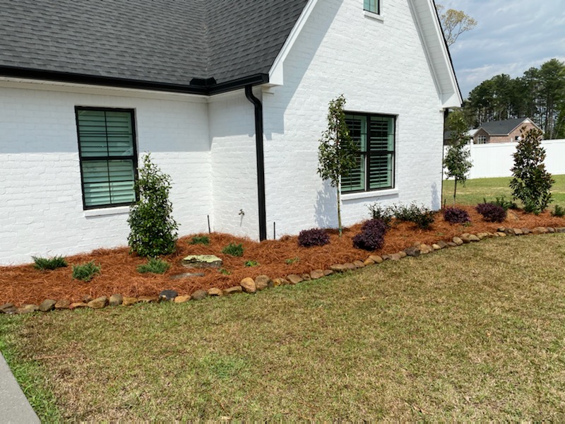 Garden bed edged with bricks and filled with red geraniums in Monroe, LA