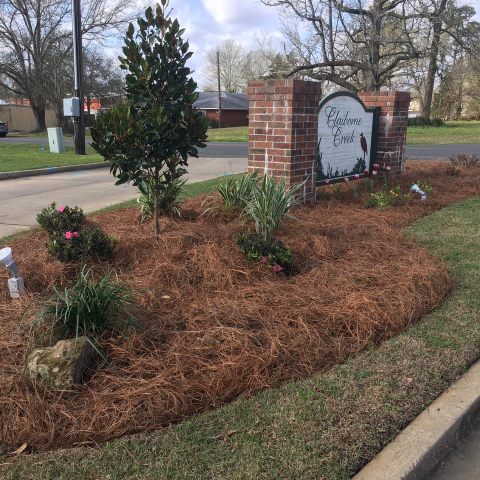 Mulch and rock landscaping with bright flowers in Ruston, LA