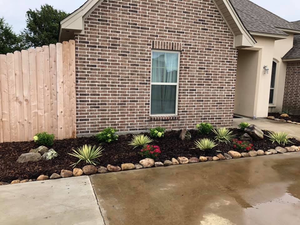 Shaded garden bed with ferns and seasonal flowers in Monroe, LA