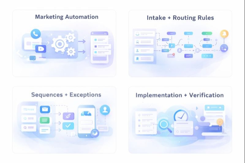 Team reviewing marketing automation workflow on a tablet in a bright office.