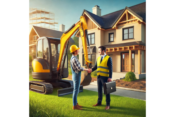 Homeowner shaking hands with excavation contractor at job site Homeowner shaking hands with excavation contractor at job site