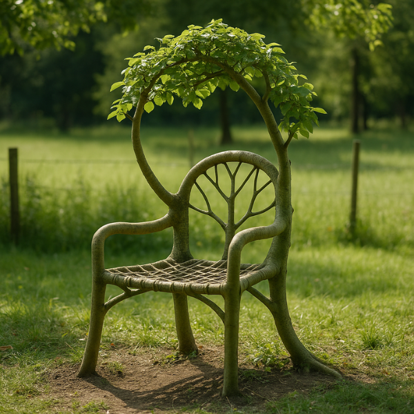 AI-generated image of a living chair made from intertwined tree trunks and branches, grown into shape beneath a leafy canopy in a lush garden. The chair appears functional and organic, illustrating real-world examples of living furniture design. AI-generated image of a living chair made from intertwined tree trunks and branches, grown into shape beneath a leafy canopy in a lush garden. The chair appears functional and organic, illustrating real-world examples of living furniture design.