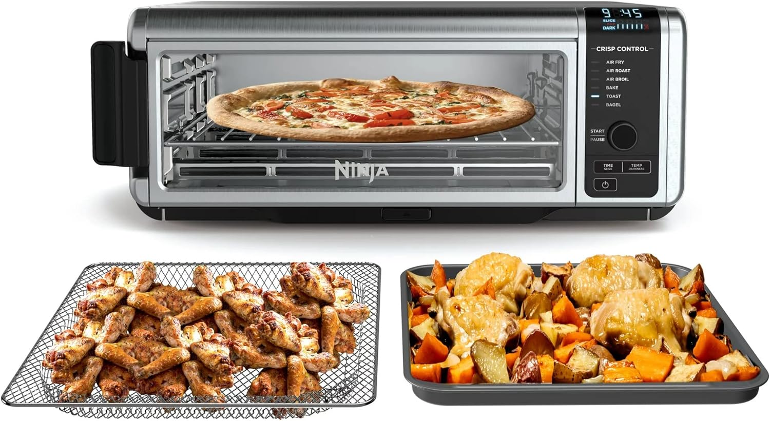 Ninja Countertop Oven and Air Fryer pictured with a metal air fry tray and metal baking pan Ninja Countertop Oven and Air Fryer pictured with a metal air fry tray and metal baking pan