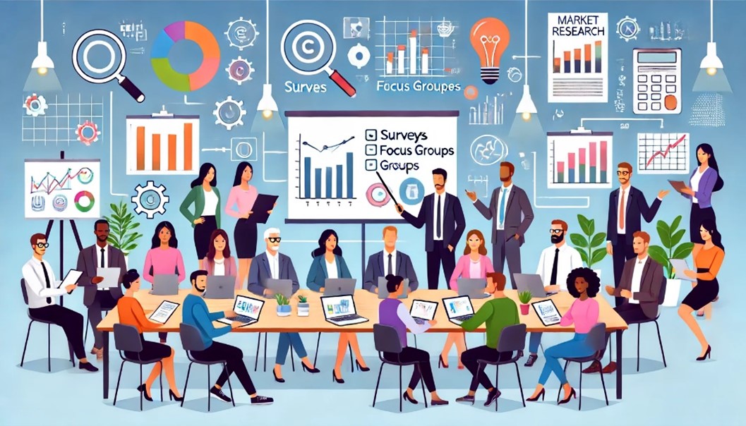 A visual representation of a diverse team conducting market research with various tools like surveys, focus groups, and analytics on screens. The team should look engaged and collaborative