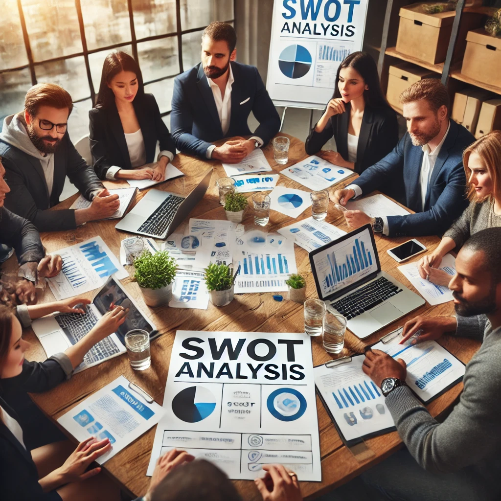 A diverse group of small business owners gathered around a table, engaged in strategic planning with documents, laptops, and a large SWOT analysis chart.