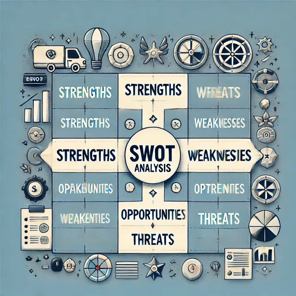 An illustration of a SWOT analysis with strengths, weaknesses, opportunities, and threats listed in separate quadrants, in a clean and visually appealing design.