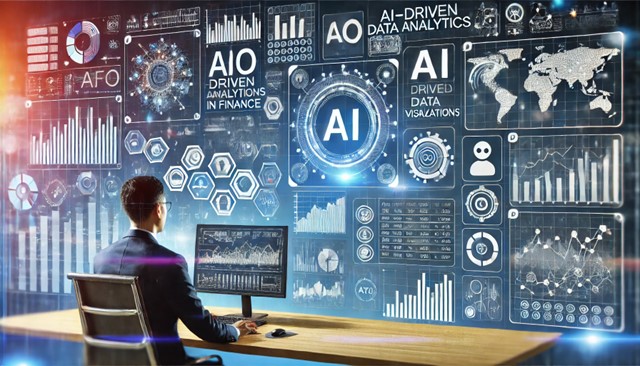 This illustration shows AI-driven data analytics in finance, with a CFO analyzing complex data visualizations on a large screen, AI icons, and various financial metrics being displayed. It conveys intelligence, insights, and strategic decision-making.