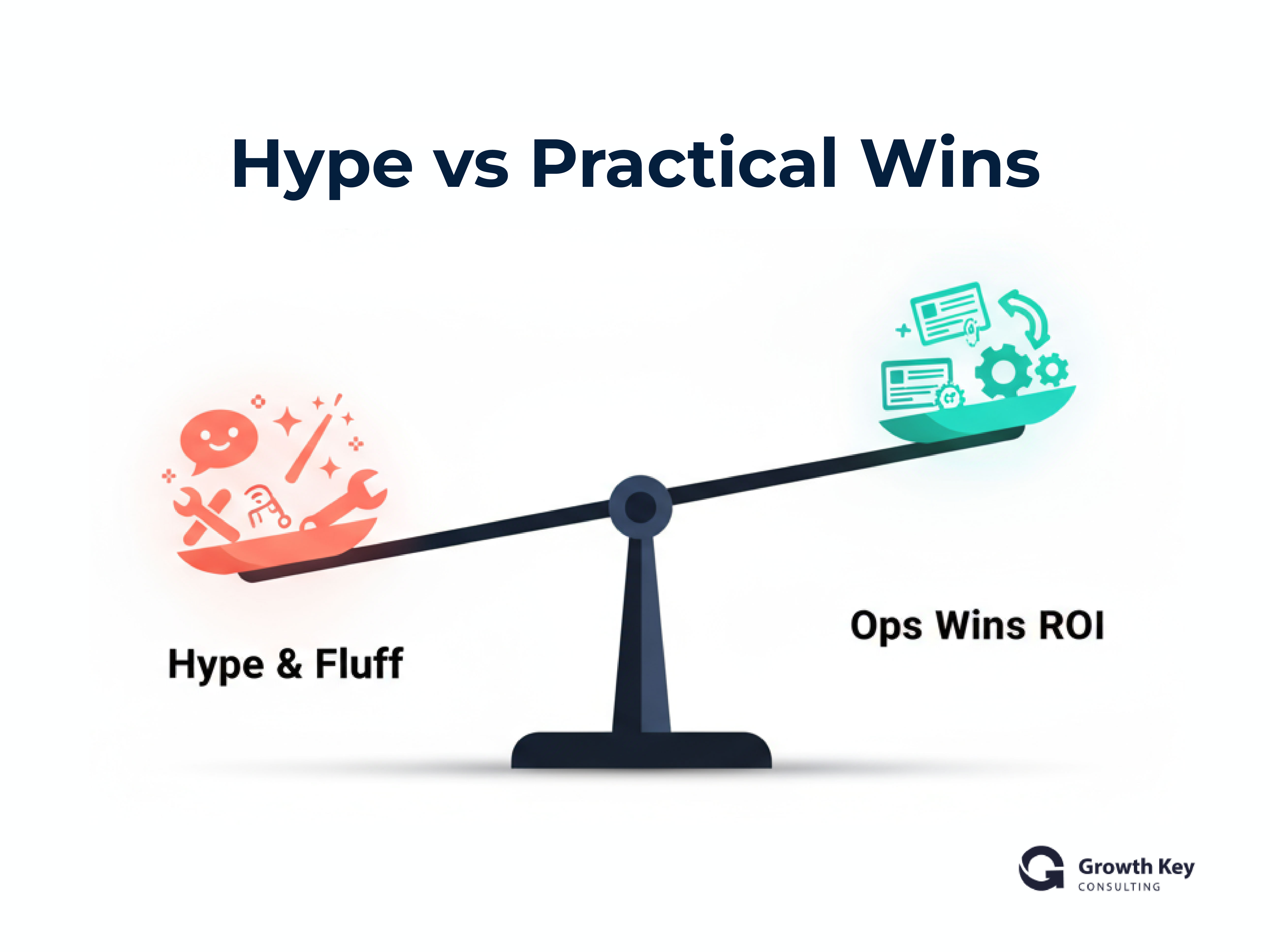 Scale showing hype tools weighing down left side, practical ops tools lifting right side