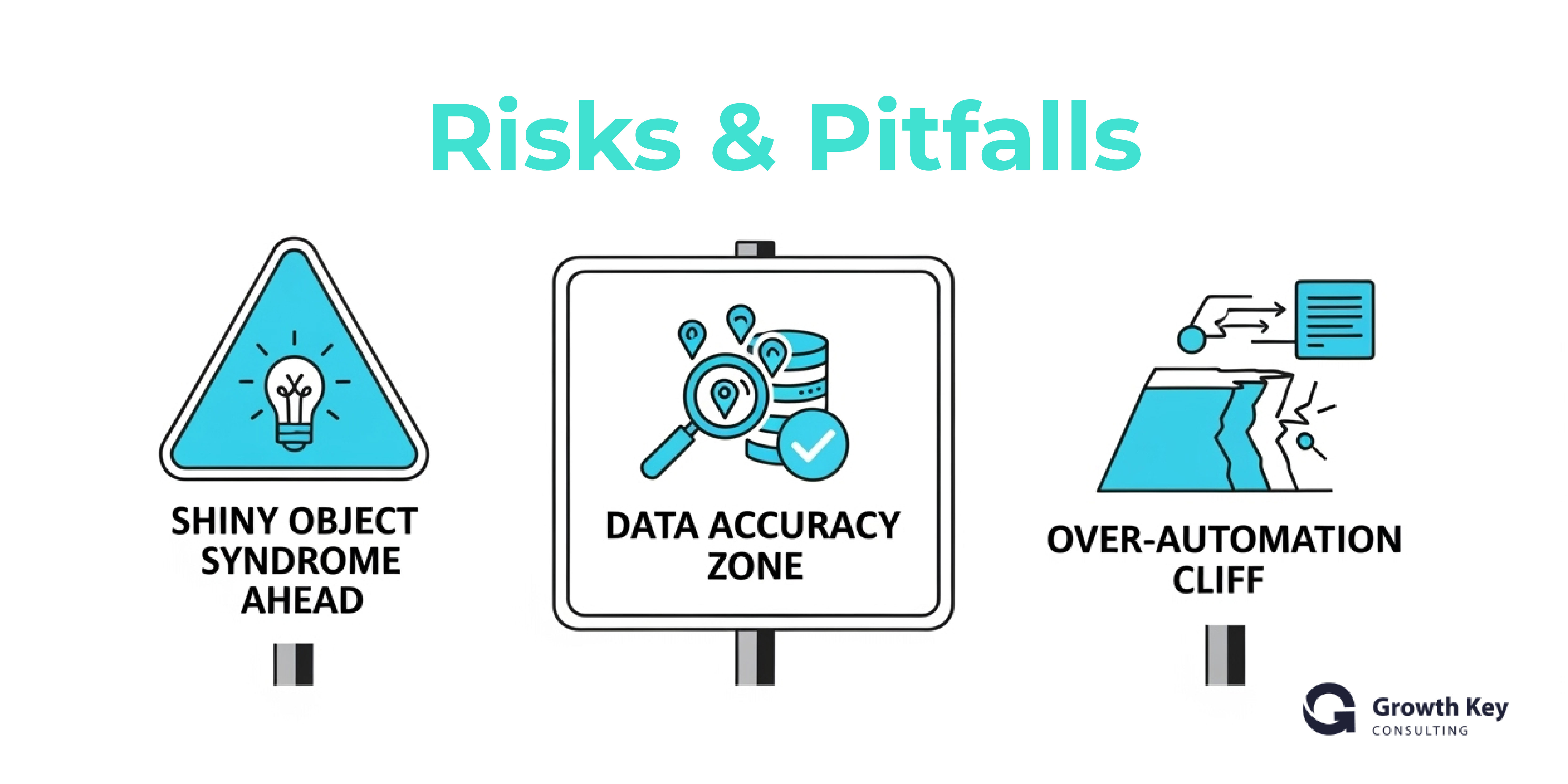 Warning signs for AI pitfalls: Shiny Object Syndrome, Data Accuracy, Over-Automation