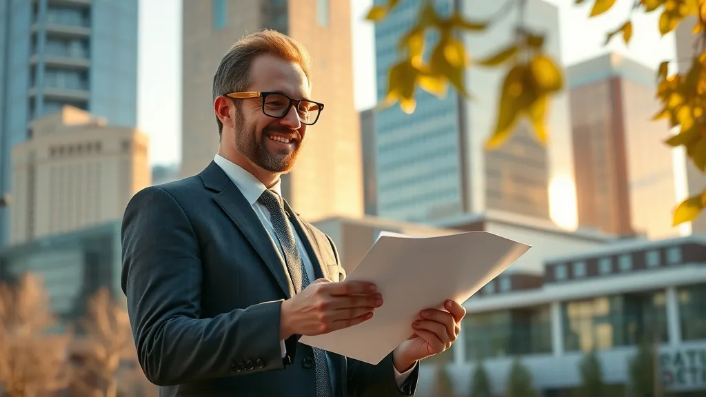 Confident Michigan Investor reviews DSCR loan documents in Detroit cityscape Confident Michigan Investor reviews DSCR loan documents in Detroit cityscape