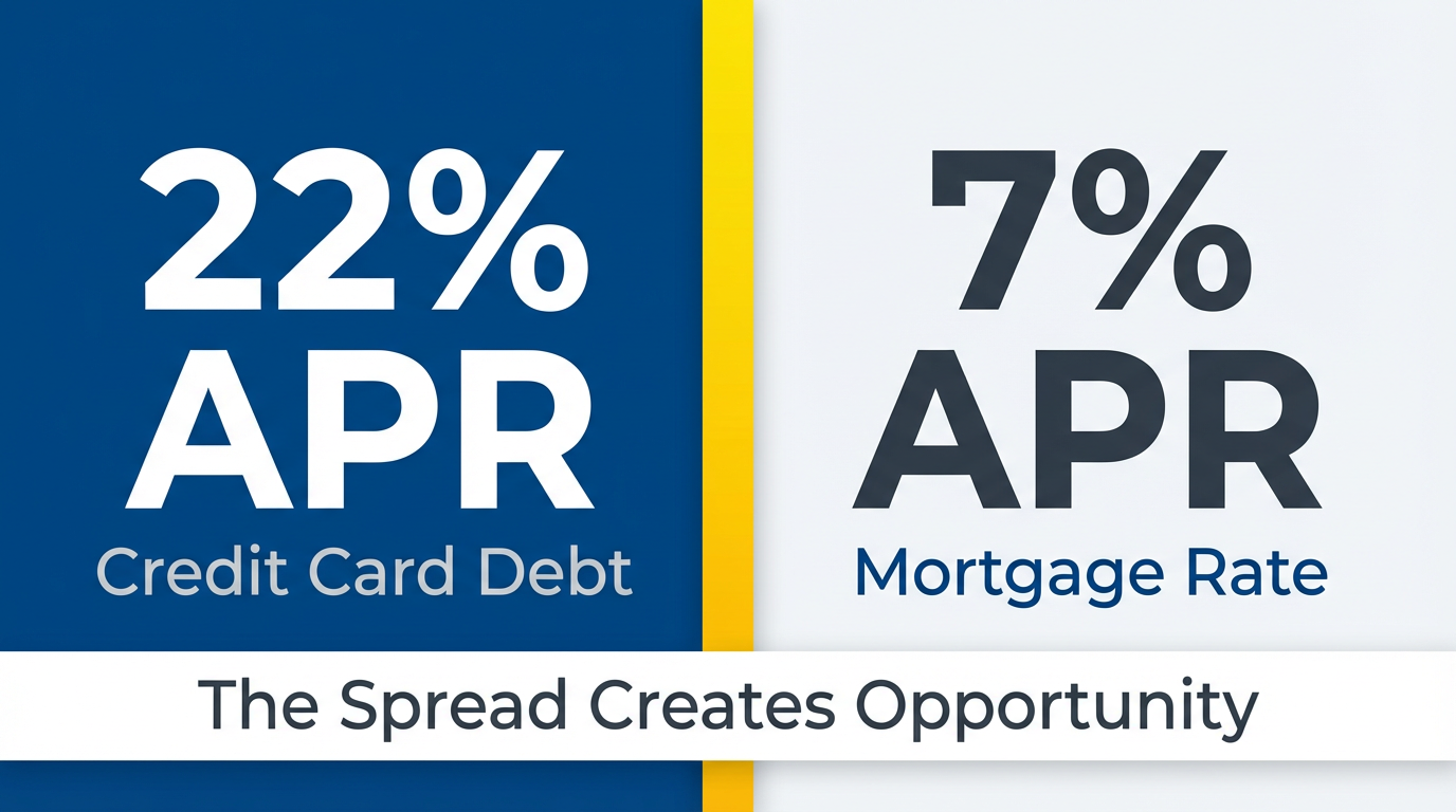 Comparison chart showing credit card interest rates versus mortgage refinance rates for debt consolidation with cost savings breakdown Comparison chart showing credit card interest rates versus mortgage refinance rates for debt consolidation with cost savings breakdown