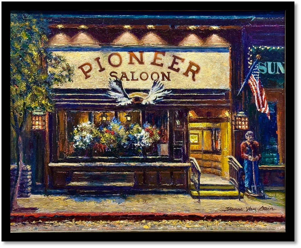 artist thomas van stein Pioneer Saloon, Ketchum Oil/Board 16x20 on display at create gallery and frames fine art gallery and custom frame shop in garden city idaho artist thomas van stein Pioneer Saloon, Ketchum Oil/Board 16x20 on display at create gallery and frames fine art gallery and custom frame shop in garden city idaho
