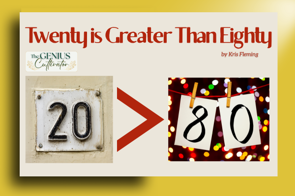 A striking graphic titled 'Twenty is Greater Than Eighty' featuring a yellow sign with the equation 20 > 80, illustrating the Pareto Principle and the power of focusing on high-impact business tasks.