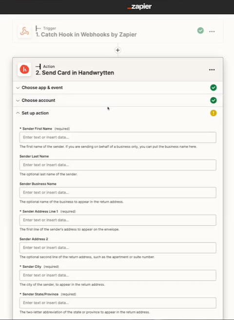 list of actions and fields that have to be filled out to Send Card in Handwyrtten for personalized mortgage messaging 