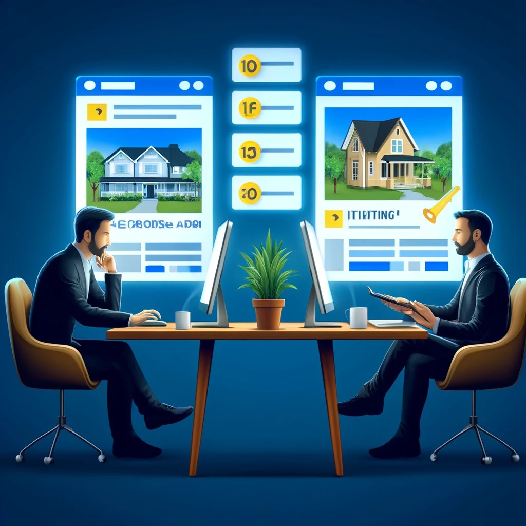 Two people are facing each other while sitting down. They both have a computer in front of them. There is some images in the background of this photo indicating that both of these people are looking at their facebook ad stats