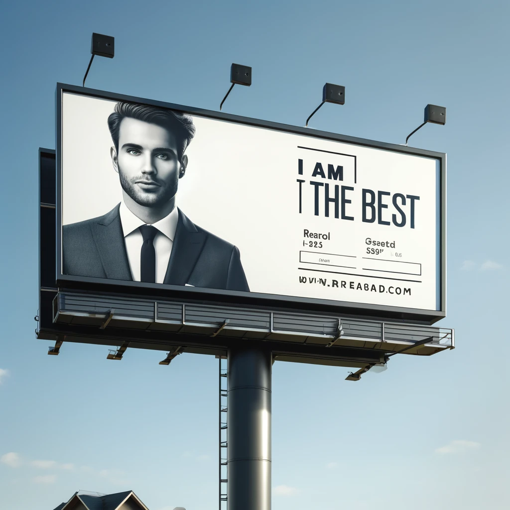A billboard reads: I am the best. There is a photo of the Realtor on the billboard