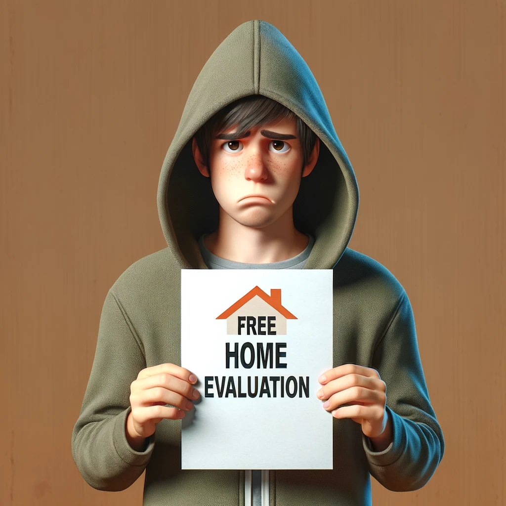 Someone looking sad is holding a sign that says: Free Home Evaluations