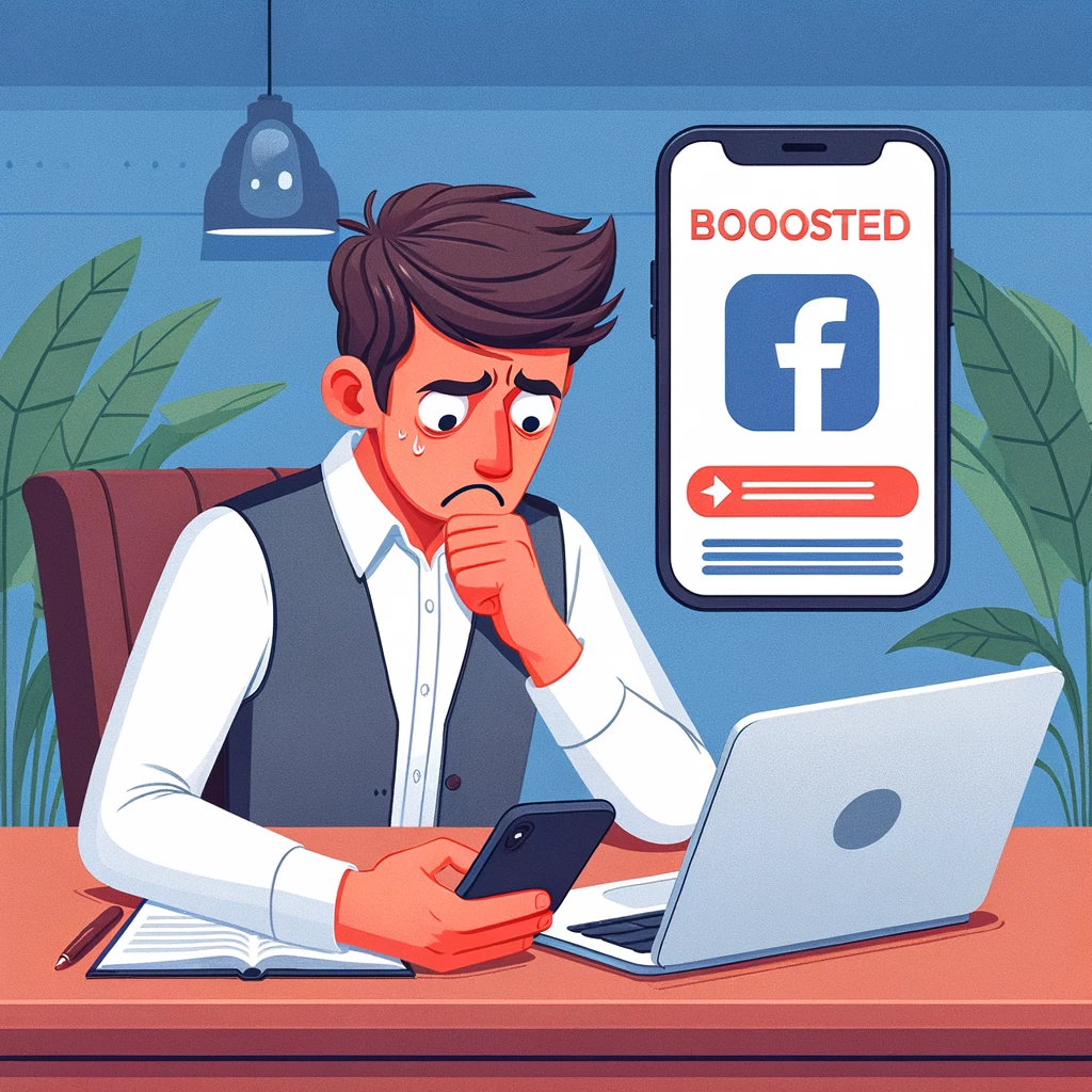Person looking at the phone in a panic. There is a Facebook logo in the top corner. It makes it appear as though this person is getting terrible results with their Facebook Ad Person looking at the phone in a panic. There is a Facebook logo in the top corner. It makes it appear as though this person is getting terrible results with their Facebook Ad