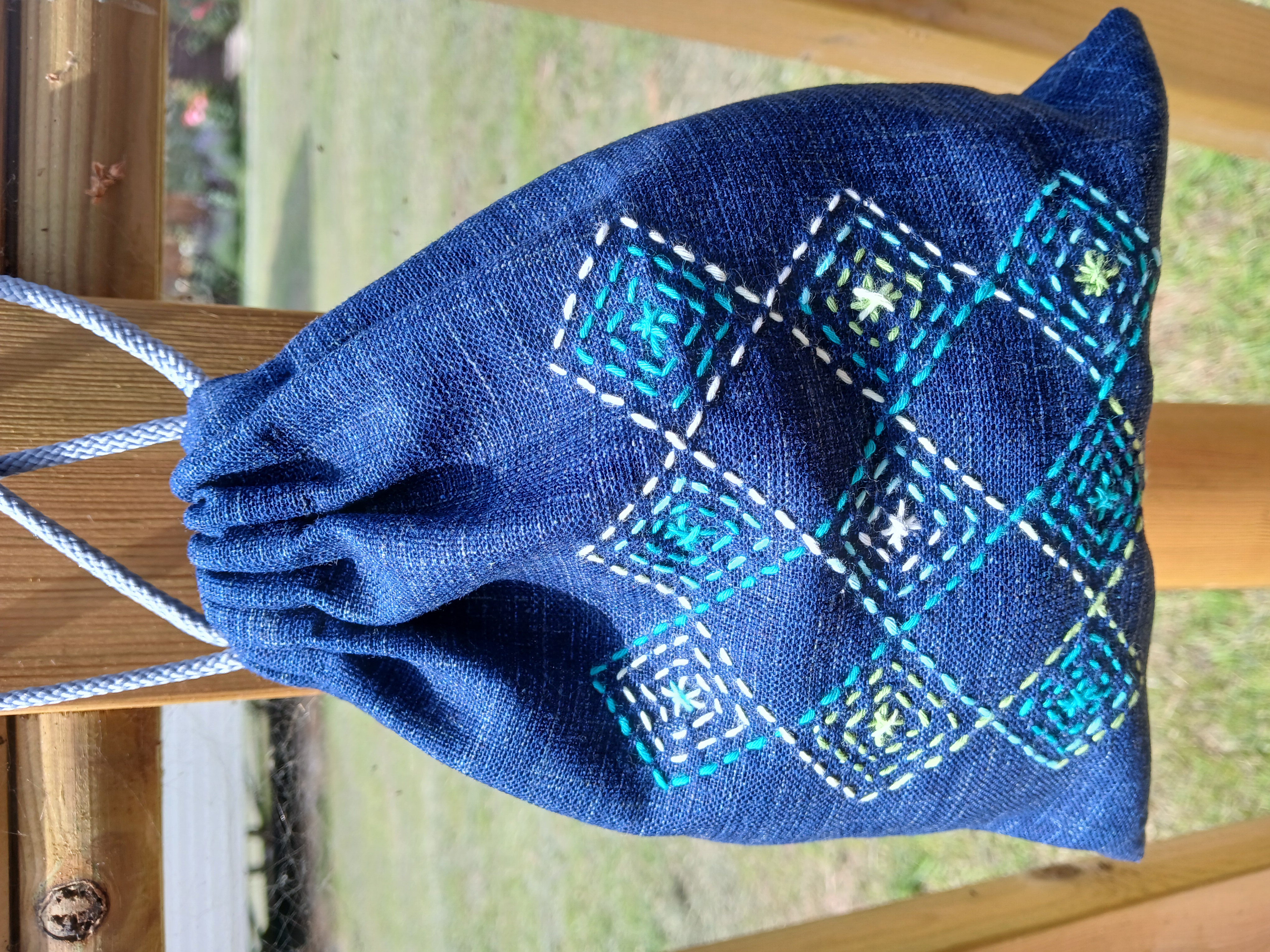 A drawstring bag decorated with sashiko stitching A drawstring bag decorated with sashiko stitching
