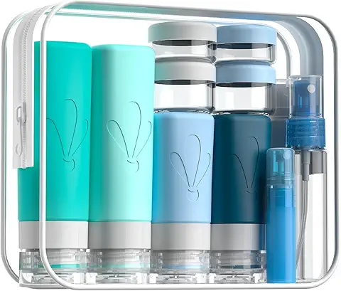 A clear plastic case filled with small bottles and containers for toiletries