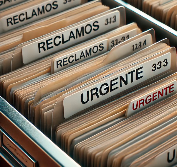 una oficina de una empresa moderna con muchos documentos legales y reclamos de clientes que atender