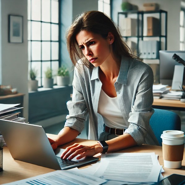 una mujer gestionando reclamos de clientes en u computadora mediante el uso de inteligencia artificial