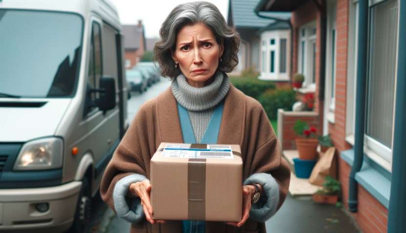 Captura a una mujer parada en la entrada de su casa, sosteniendo un paquete con una etiqueta de envío, su expresión refleja preocupación o confusión. Representa a un cliente que podría estar enfrentándose a una situación donde la garantía legal es aplicable, tal vez debido a un producto defectuoso o no solicitado, resaltando la importancia del derecho a retracto en las compras a distancia en Chile.