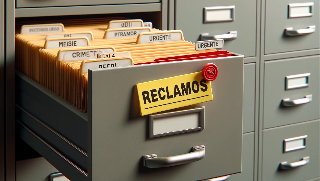 Archivador lleno de reclamos categorizados con una ficha destacada, destacando la organización eficiente para una respuesta rápida a los reclamos.