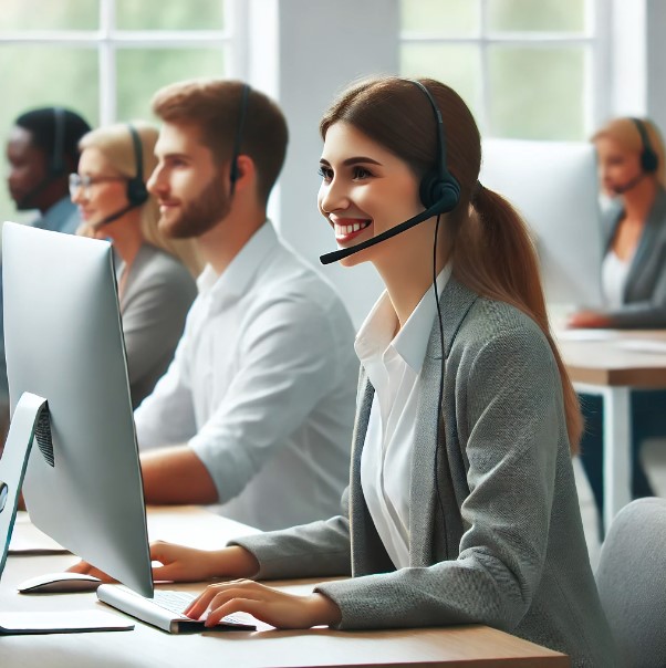 Personal de servicio sonriente trabajando en un entorno de oficina intentando reducir al máximo el tiempo de respuesta al cliente.