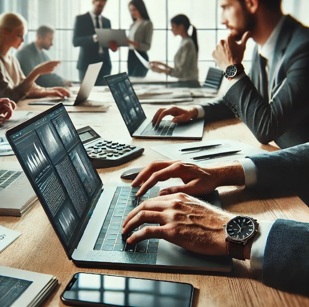 "Grupo de profesionales trabajando intensamente en computadoras portátiles con software de automatización de procesos empresariales en una mesa de conferencias.