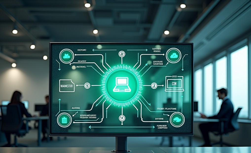 Pantalla de monitor mostrando un diagrama avanzado de automatización de procesos empresariales en un entorno de oficina moderno.