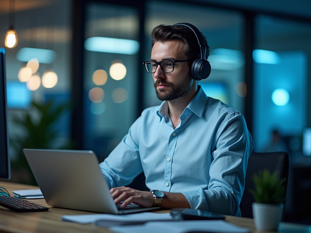 Profesional masculino trabajando hasta tarde en la oficina, utilizando auriculares y enfocado en un laptop con software de automatización de procesos empresariales..