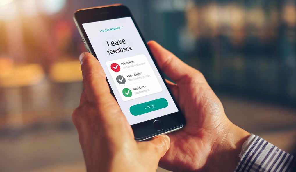 Smartphone mostrando opciones de feedback en pantalla.