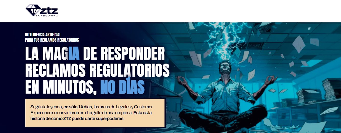 Imagen de la landing page de ZTZ, una de las mejores herramientas legaltech con inteligencia artifcial de la actualidad, mostrando la eficacia de su software para manejar reclamaciones regulatorias en minutos.