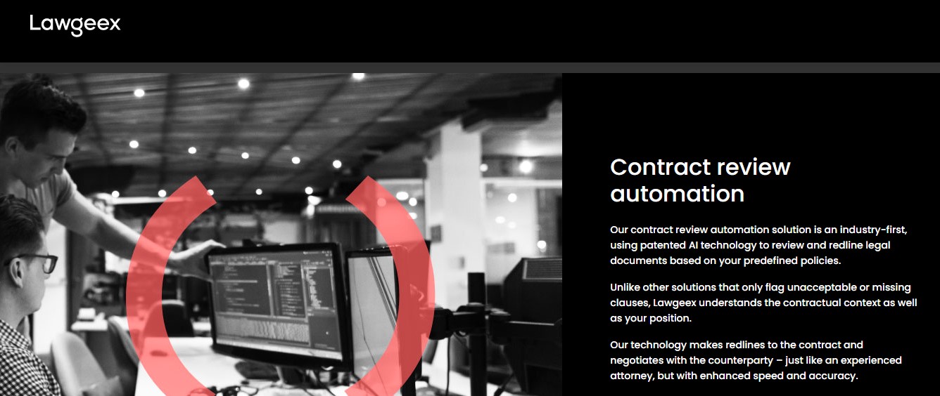 Interfaz de usuario de Lawgeex mostrando su tecnología legal pionera para la revisión y negociación automática de contratos, destacando su capacidad para interpretar el contexto contractual de manera precisa.