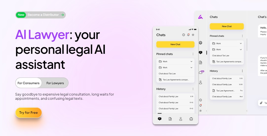 La interfaz de usuario de AI Lawyer, un asistente legal AI, ofrece soluciones rápidas y económicas, eliminando la necesidad de largas esperas y consultas legales costosas.