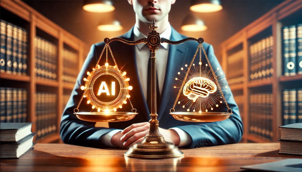 Concepto visual que representa la inteligencia artificial en el campo de la tecnología legal (Legaltech), con una balanza de justicia resplandeciente, destacando la equidad y la eficiencia que la IA aporta a la práctica legal.