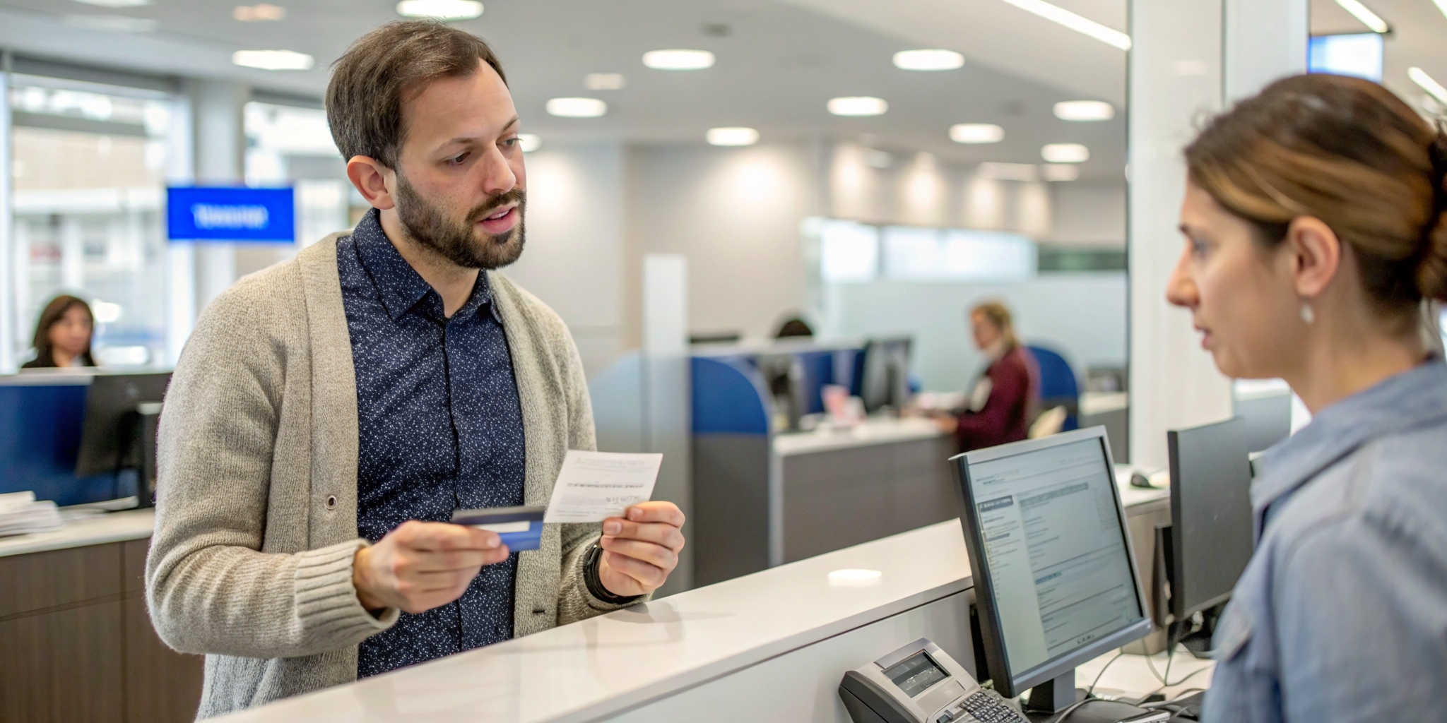 Cliente presentando reclamos por fraude bancario en la sucursal de su entidad financiera. Cliente presentando reclamos por fraude bancario en la sucursal de su entidad financiera.