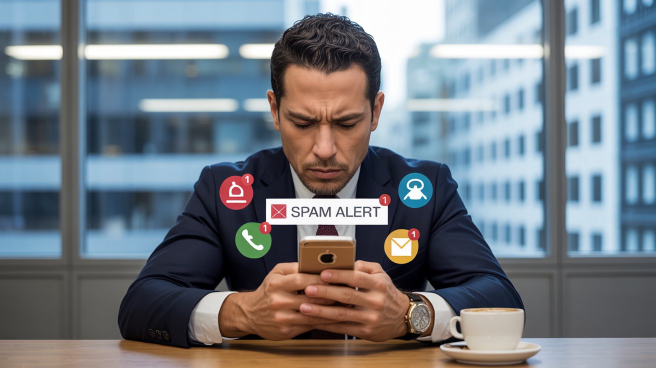 Ejecutivo recibiendo notificaciones no deseadas, ejemplo de incumplimiento de No Molestar de SERNAC en empresas. Ejecutivo recibiendo notificaciones no deseadas, ejemplo de incumplimiento de No Molestar de SERNAC en empresas.